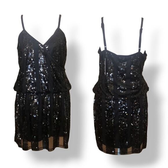 Express Sequined Embellished Striped Surplice Mini Dress in Black Size XS - Picture 13 of 13